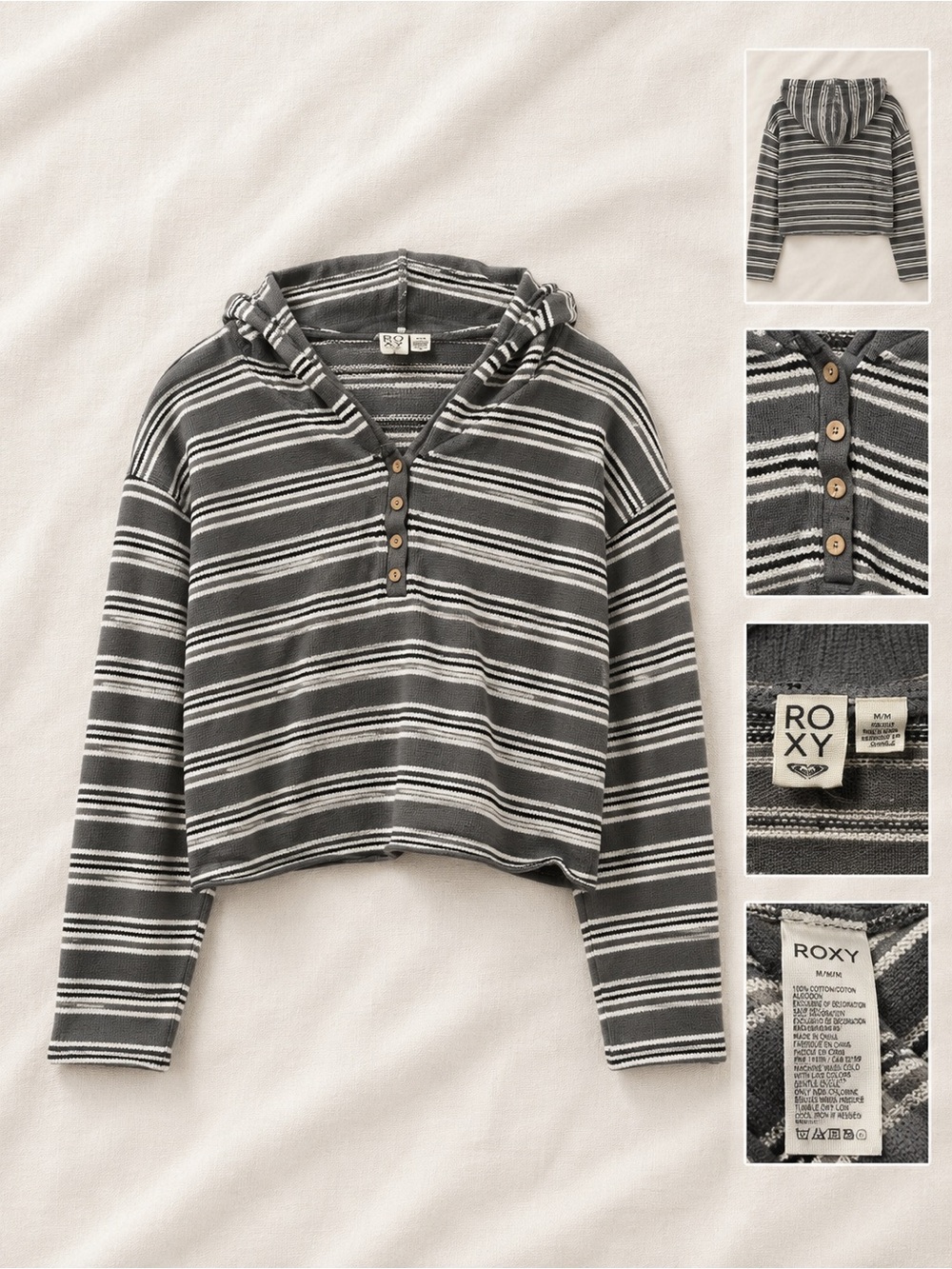 Roxy Striped Hooded Henley in Gray and White
